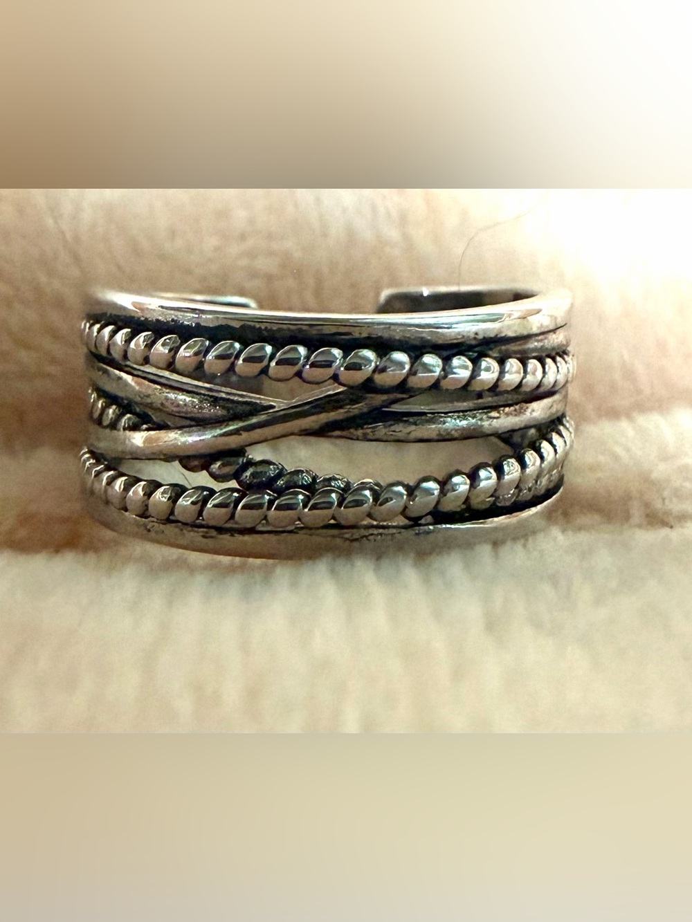 Sterling Silver 925 Adjustable Wide Band Ring Rope Beaded Boho Stacked Look